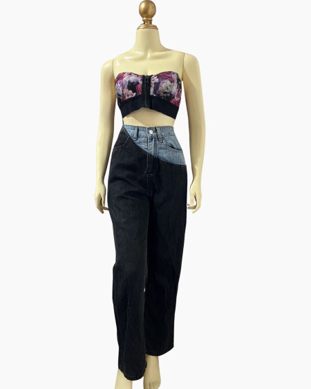 Two-Tone Asymmetric High-Waist Wide-Leg Jeans