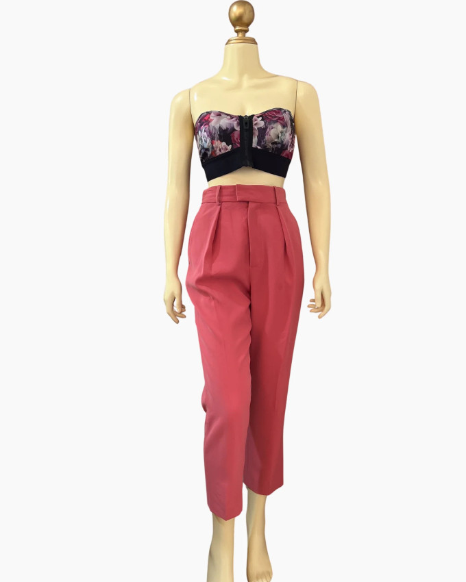 High-Waisted Pleated Tapered Dress Pants – Coral Pink