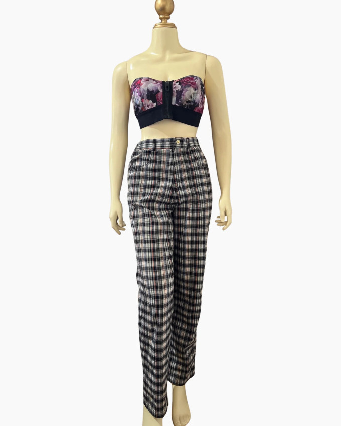 Plaid High-Waist Straight-Leg Trousers