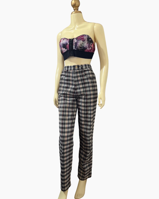 Plaid High-Waist Straight-Leg Trousers