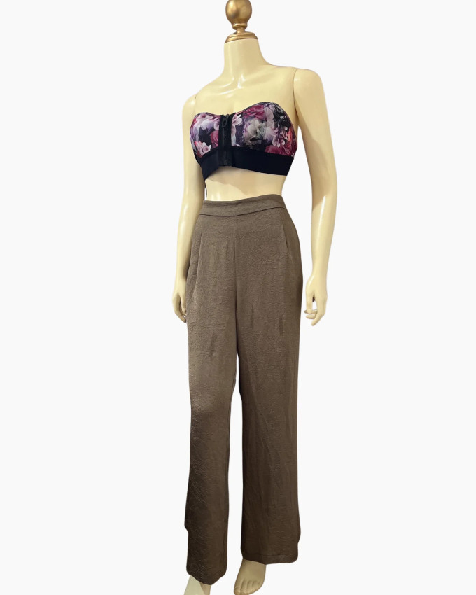 Brown Wide-Leg Textured Lounge Pants