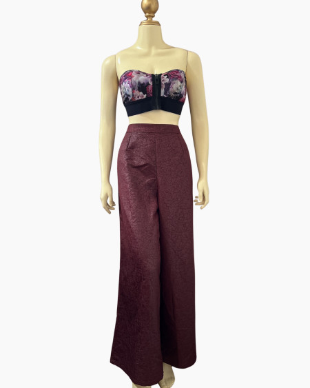 Burgundy Textured Wide-Leg Trousers