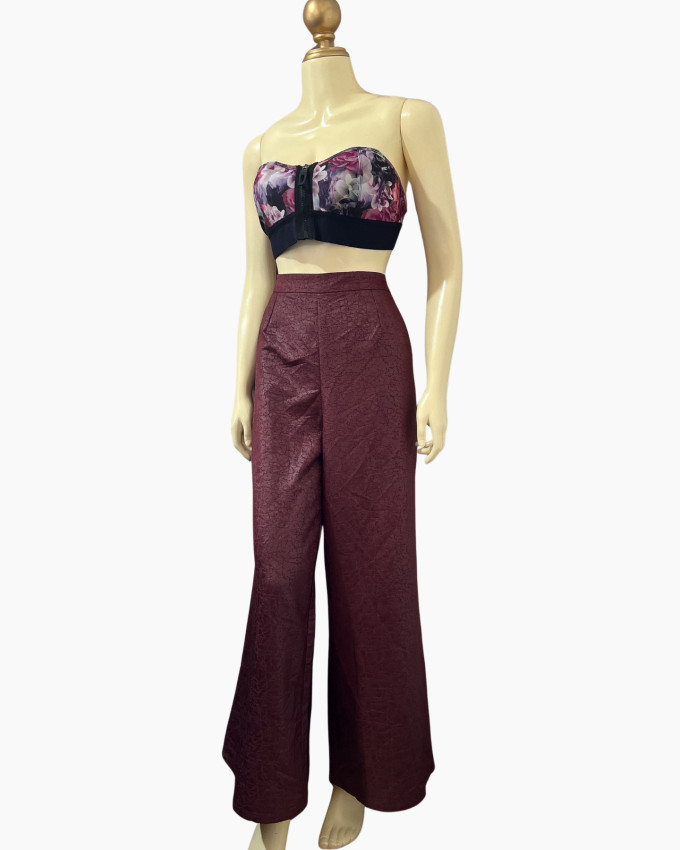 Burgundy Textured Wide-Leg Trousers