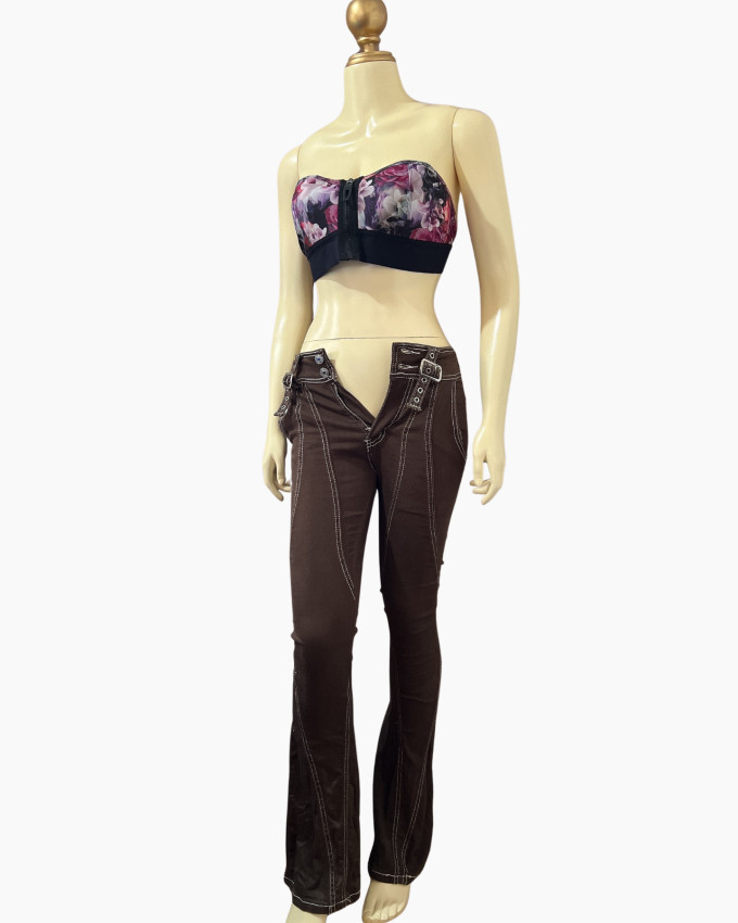 Brown Low-Rise Buckle Detail Flare Pants