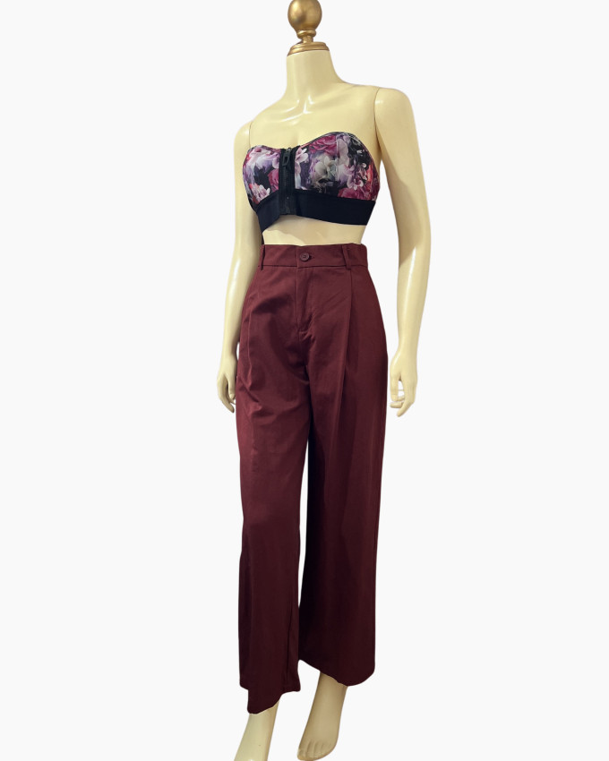 High-Waisted Wide-Leg Trousers in Deep Maroon