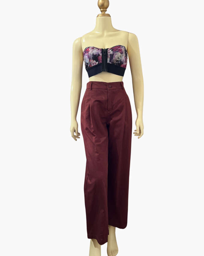 High-Waisted Wide-Leg Trousers in Deep Maroon