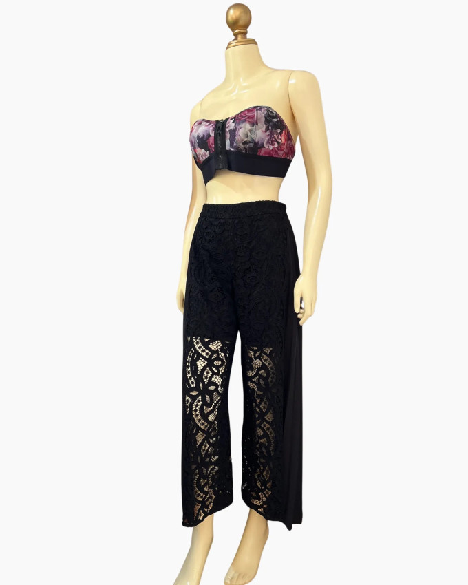 Black Crochet-Panel Wide-Leg Pants