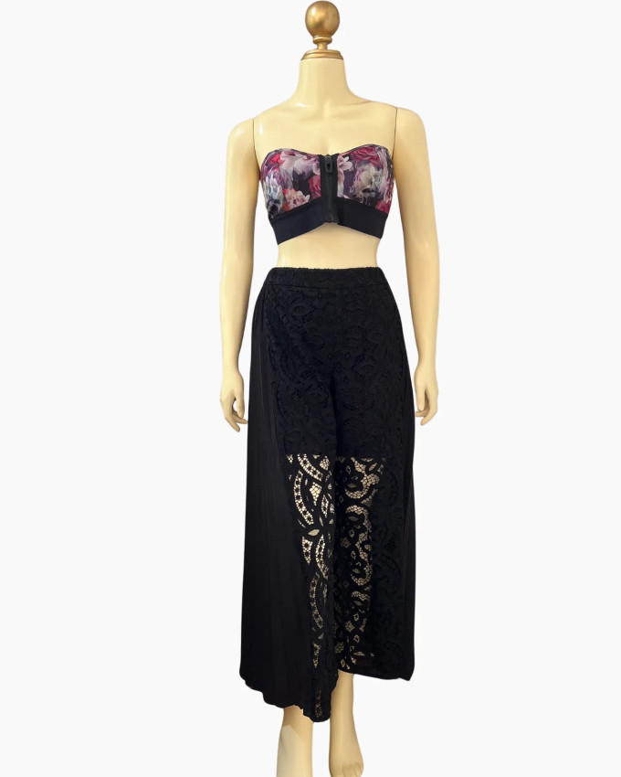 Black Crochet-Panel Wide-Leg Pants
