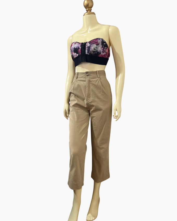 High-Rise Cropped Khaki Trousers