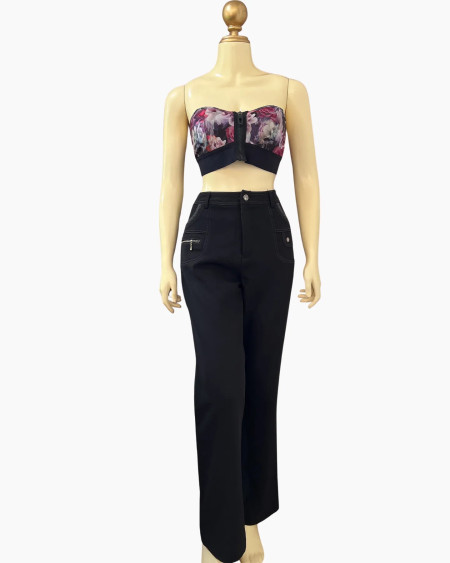 Black High-Waist Straight-Leg Pants with Contrast Stitching