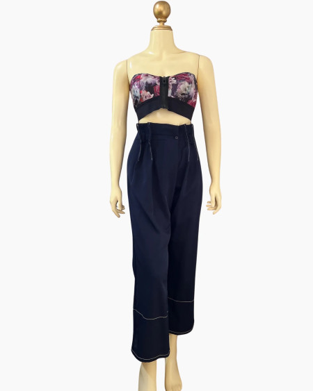 Navy High-Waist Wide-Leg Pants with Contrast Stitching