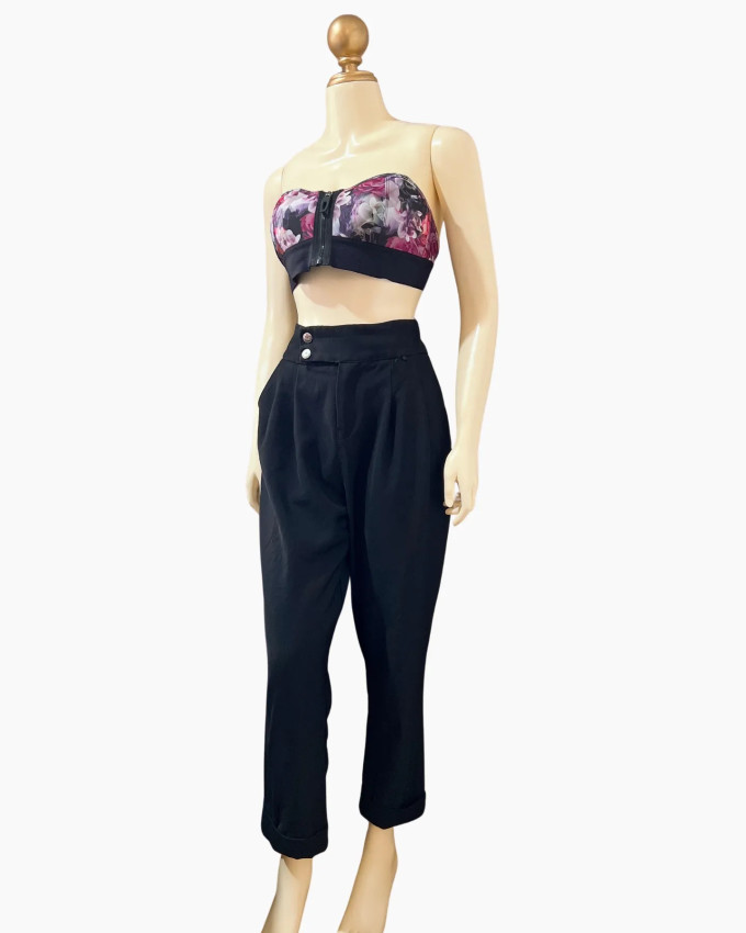 High-Waisted Cuffed Black Trousers with Double-Button Closure