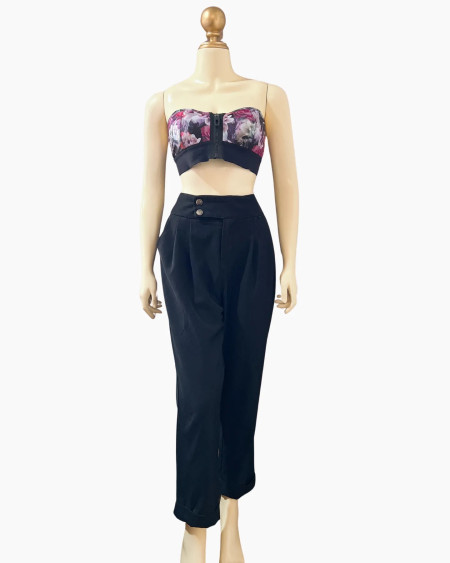 High-Waisted Cuffed Black Trousers with Double-Button Closure