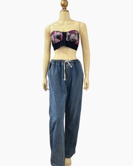 Drawstring Waist Wide-Leg Denim Pants