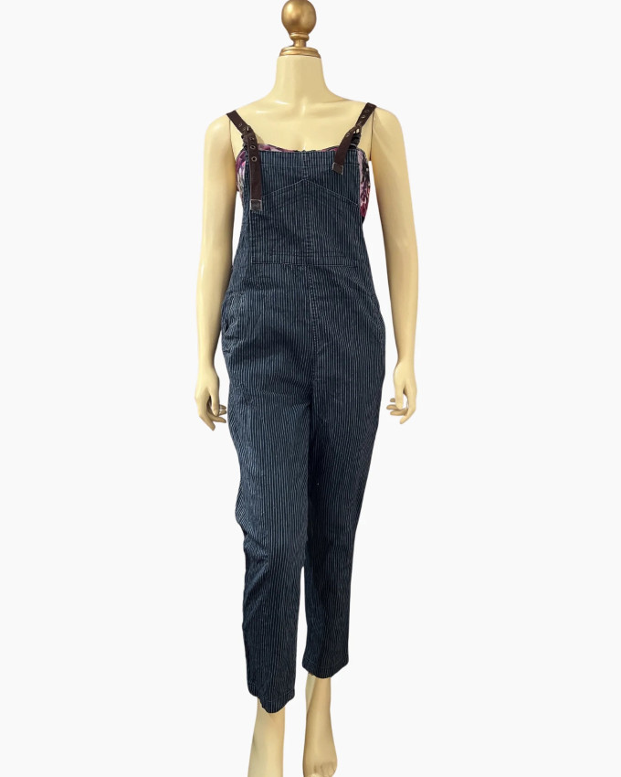 Pinstripe Denim Overalls with Adjustable Leather-Style Straps