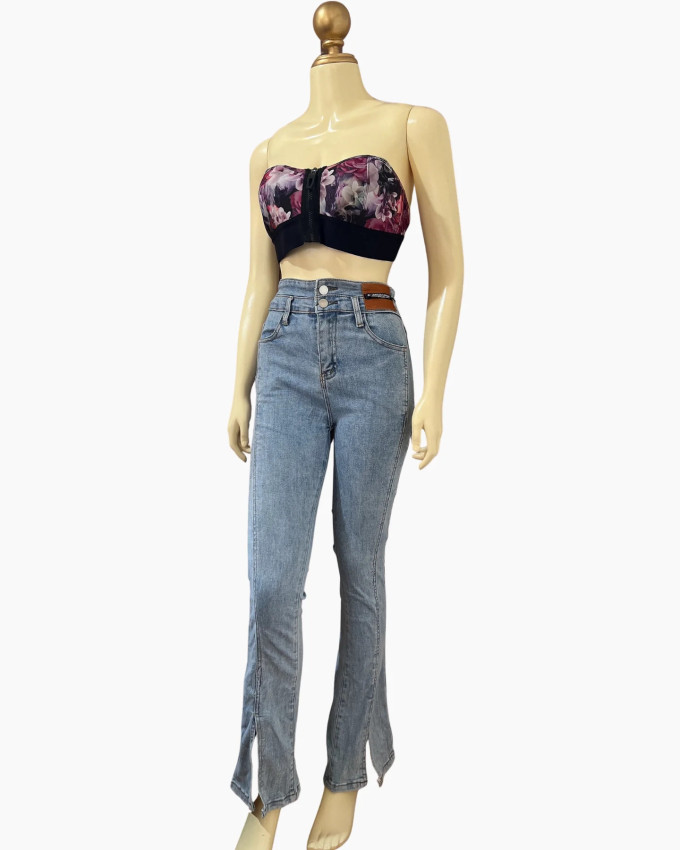 High-Waisted Slim Fit Jeans with Front Slit Hem