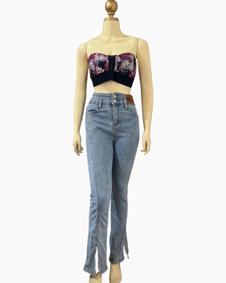 High-Waisted Slim Fit Jeans with Front Slit Hem