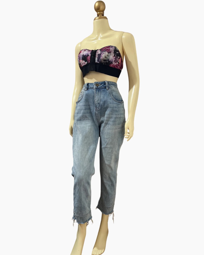 Light-Wash Distressed Hem Relaxed Jeans