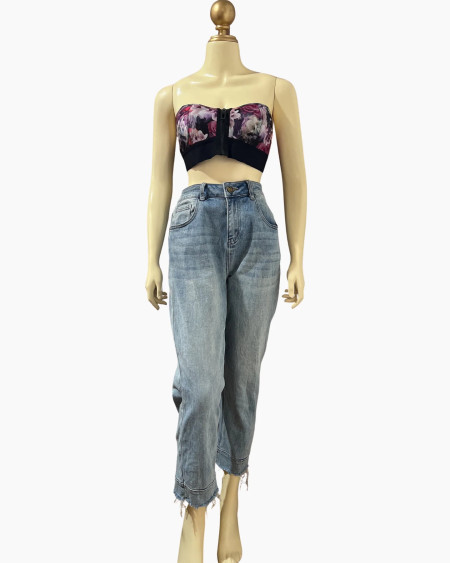 Light-Wash Distressed Hem Relaxed Jeans